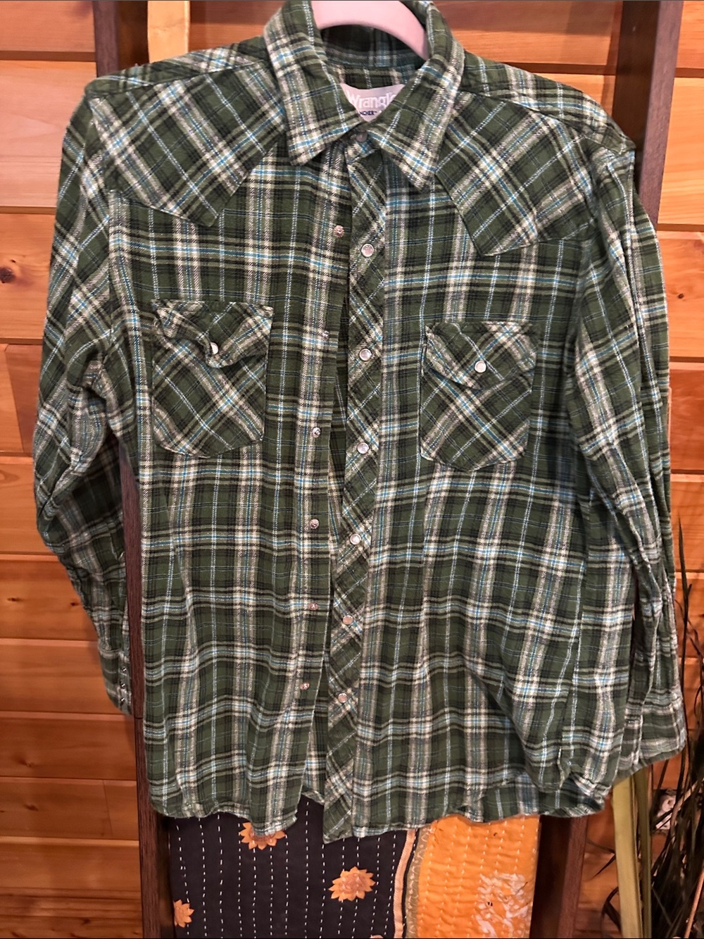 Wrangler Green Plaid Flannel Button-Down Shirt pearl snap